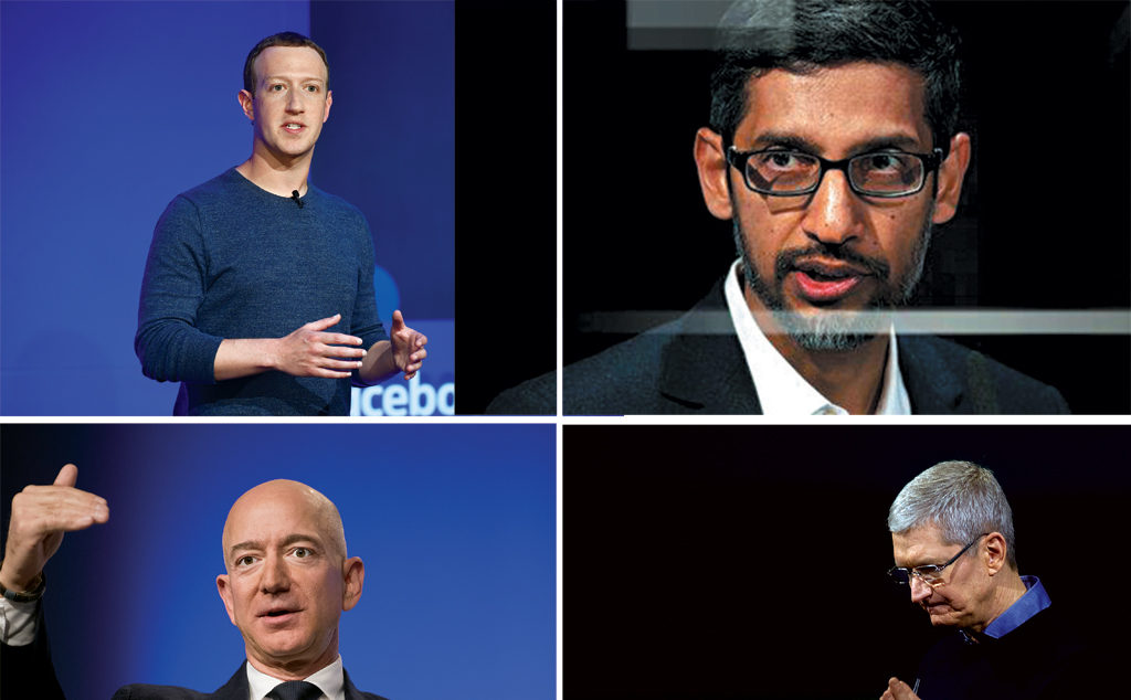 Em sentido horário, Mark Zuckerberg (Facebook), Sundar Pichai (Google), Tim Cook (Apple) e Jeff Bezos (Amazon) juntamente com Bill Gates (Microsoft) controlam mais da metade do valor das techs nos EUA