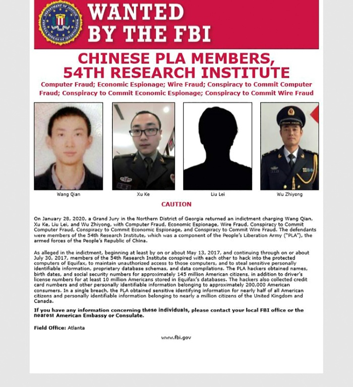Aviso do FBI dos quatro agentes chineses acusados de espionagem