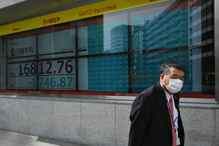 Homem com máscara passa por telão com cotação da bolsa de Tóquio