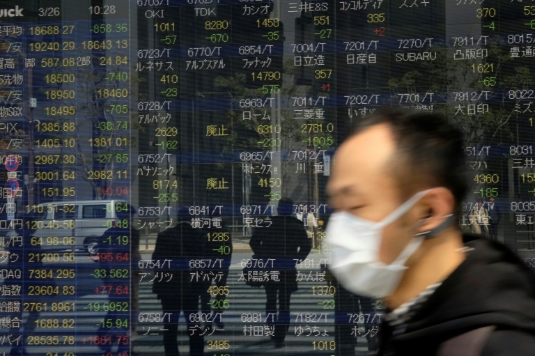 Pedestre passa por painel da Bolsa de Tóquio