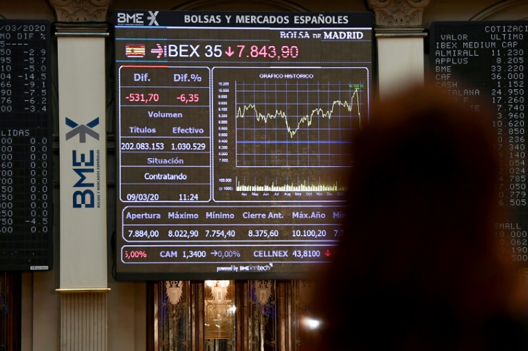 Mulher olha para tela mostrando o índice IBEX 35 na principal bolsa de valores da Espanha, em Madri