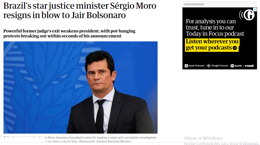 Página do inglês The Guardian sobre a demissão do ministro Sergio Moro