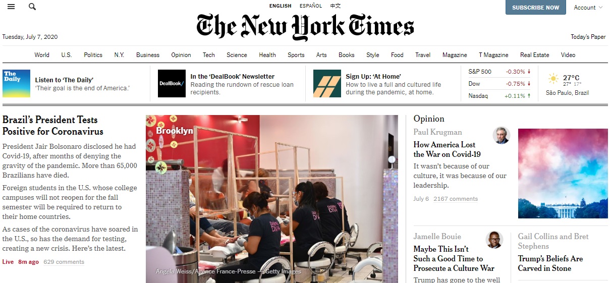 O New York Times noticiou o fato na principal página de seu site, ressaltando que o presidente passou meses negando a gravidade da pandemia.