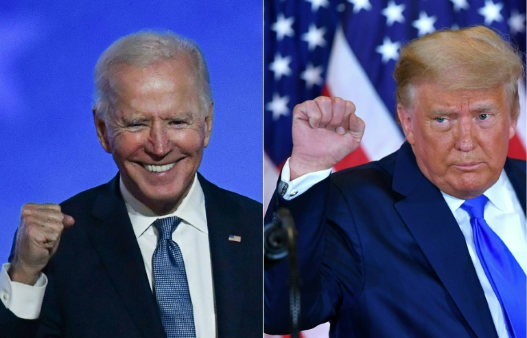 Candidato democrata Joe Biden (esq) em Wilmington, Delaware, e o presidente Donald Trump (dir) em Washington