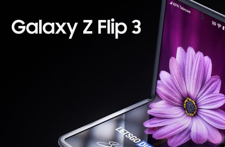 O conceito mostra um equipamento que parece a mistura da linha Z Flip com o próximo Galaxy S21. Surge em tons de roxo e bordas douradas