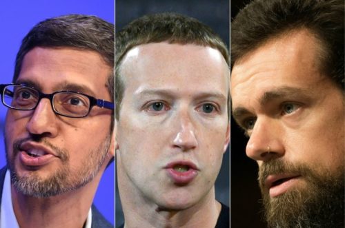 Os executivos Sundar Pichai, Mark Zuckerberg e Jack Dorsey