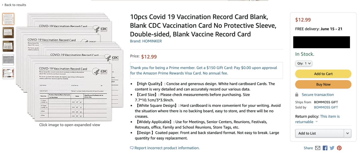 O anúncio oferecia 10 cartões, iguais aos que são fornecidos a todos os cidadãos que são vacinados nos Estados Unidos, por 13 dólares