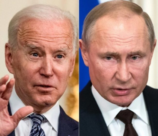 Fotos dos presidentes Joe Biden e Vladimir Putin