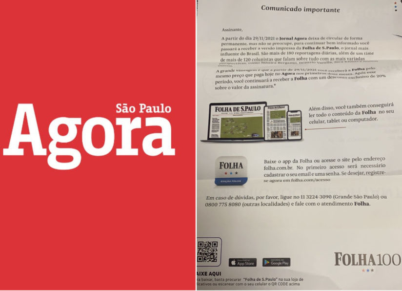 Grupo Folha afirma que o periódico deixará de circular permanentemente e os assinantes passarão a receber a Folha de S.Paulo no lugar do Agora