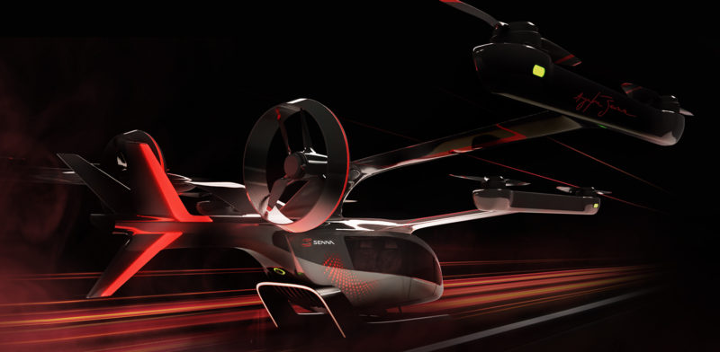 O protótipo do eVTOL Eve-Senna trás o visual futurista nas cores preta e vermelha