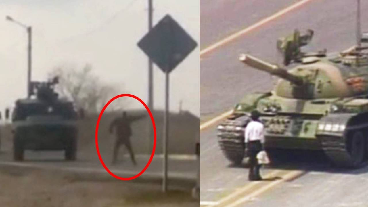 Um vídeo mostra um cidadão tentando atrapalhar um comboio russo, muito parecido com o famoso momento dos tanques chineses na Praça da Paz Celestial em 1989.