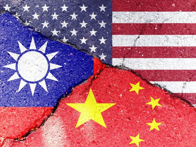Ilustração bandeiras EUA, China e Taiwan