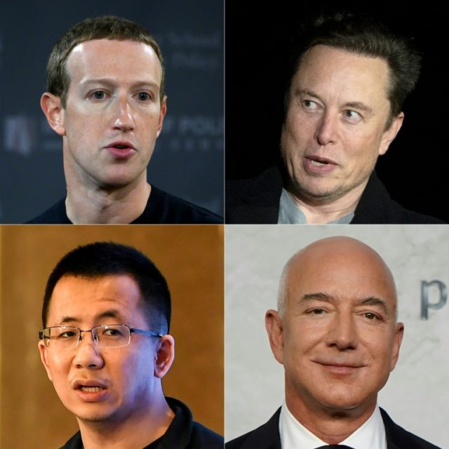 Foto combinada criada em 28 de dezembro de 2022 com Mark Zuckerberg, Elon Musk, Zhang Yiming e Jeff Bezos - AFP/Arquivos