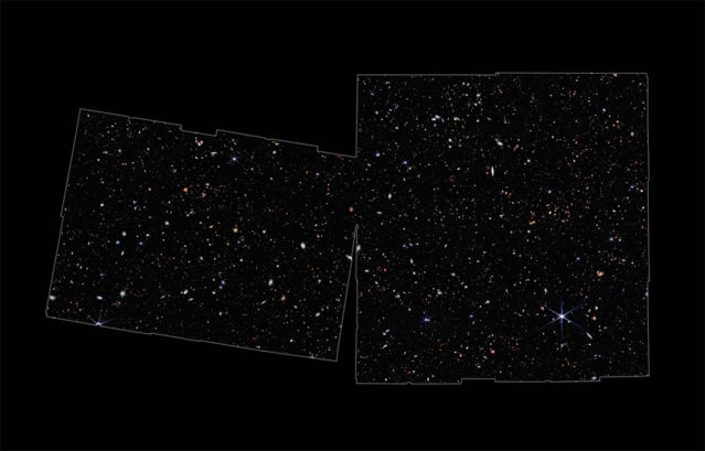 Os astrônomos agora sabem que a luz das quatro galáxias levou mais de 13,4 bilhões de anos para chegar até o telescópio.