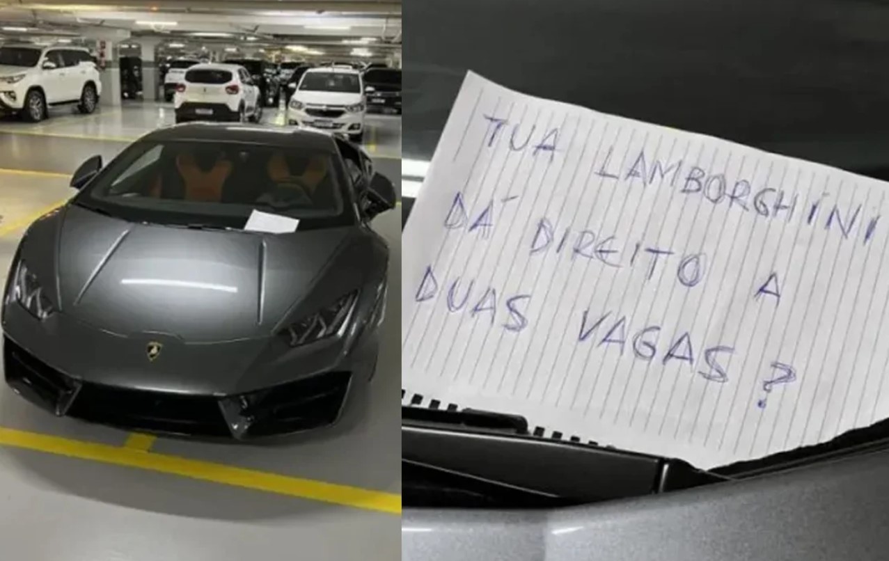 O empresário está oferecendo dinheiro conseguir encontrar quem deixou o seguinte bilhete no seu carro: “Tua Lamborghini dá direito a duas vagas?”