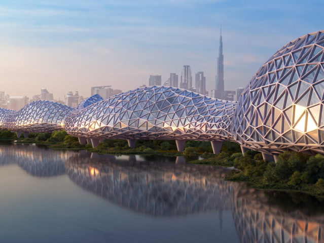 A enorme estrutura foi projetada para envolver Dubai, proporcionando um “corredor verde” sem carros, repleto de árvores e plantas para os residentes