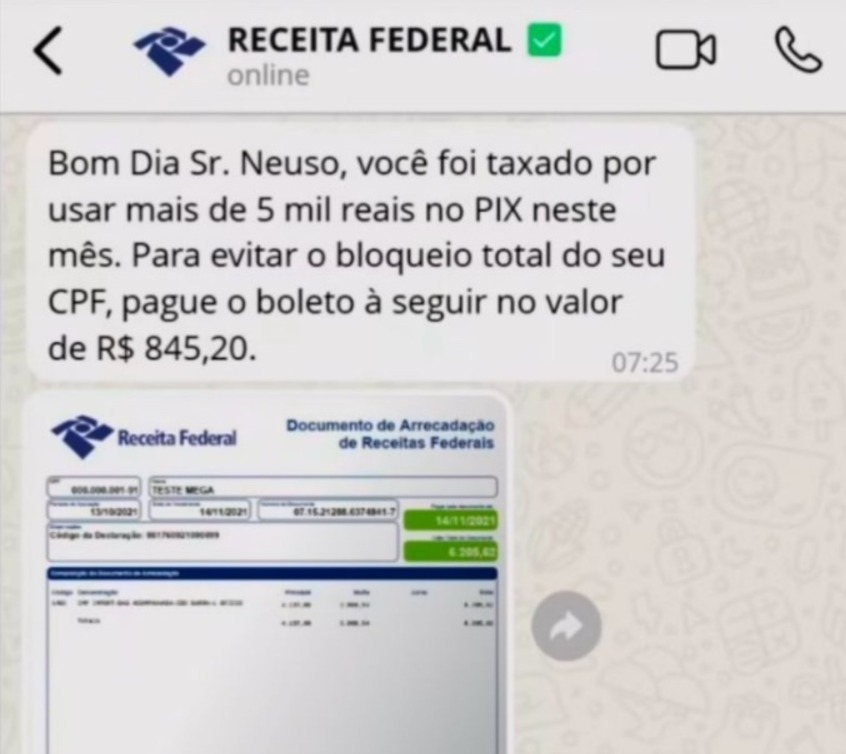 Golpistas estão utilizando brasão e ícones da receita para aplicar golpe da 'taxação do Pix'