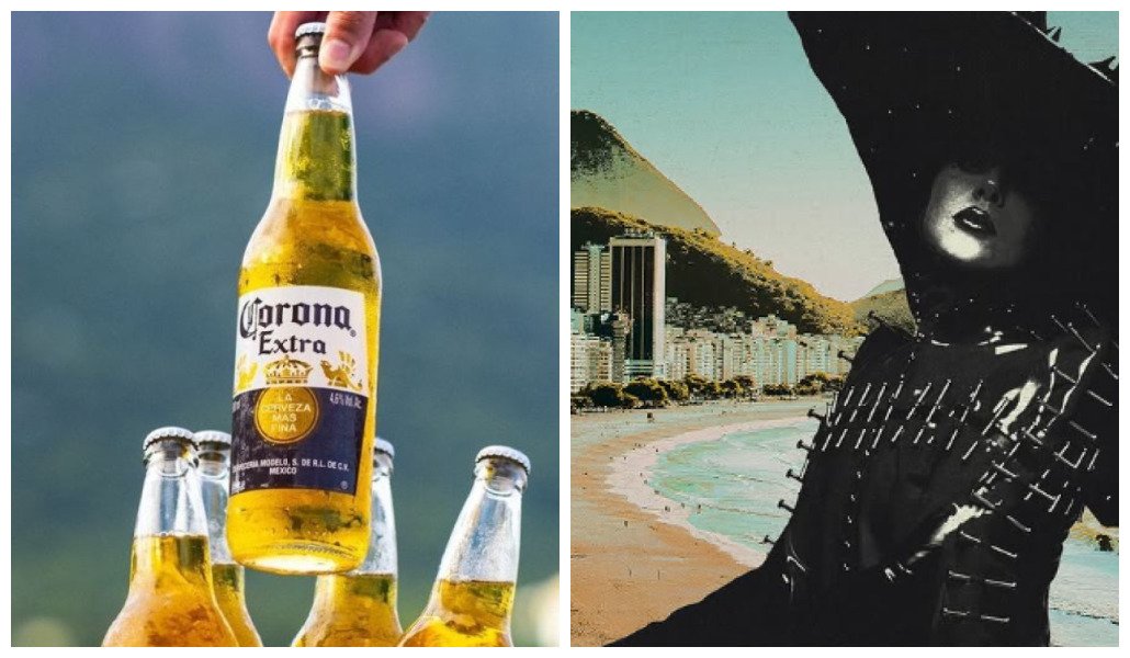 Duas imagena. Na primeira, vemos garrafas de cerveja Corona. Na segunda, o poster oficial do concerto de Lady Gaga a ser realizado na praia de Copacabana