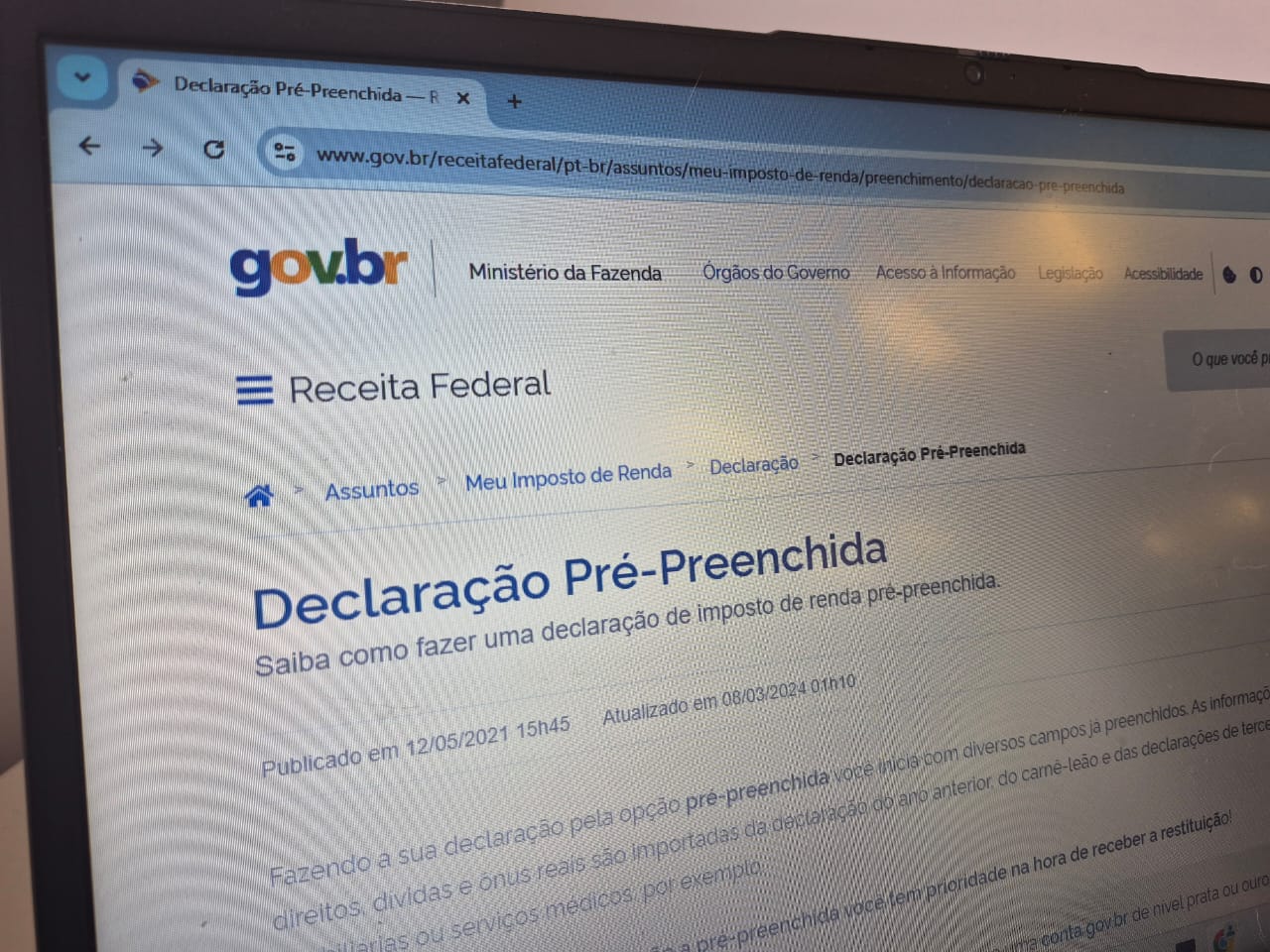 Página de instruções sobre a Declaração Pré-Preenchida do Imposto de Renda 2025 no site da Receita Federal