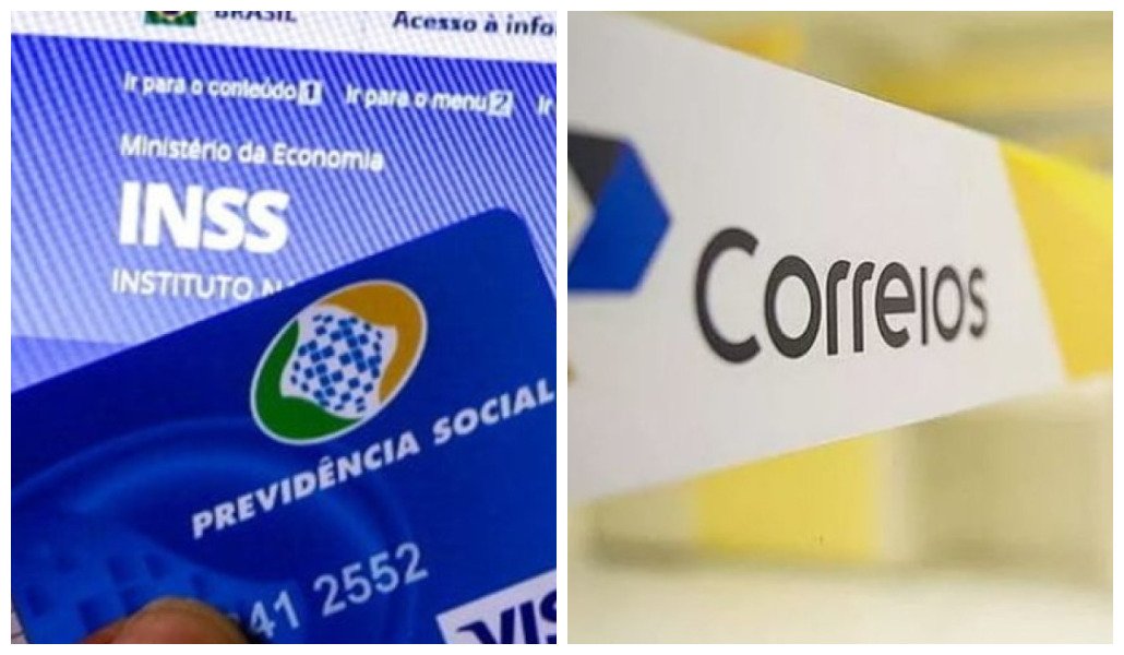 Montagem com fotografias de um cartão do INSS e do logo dos Correios em uma agência