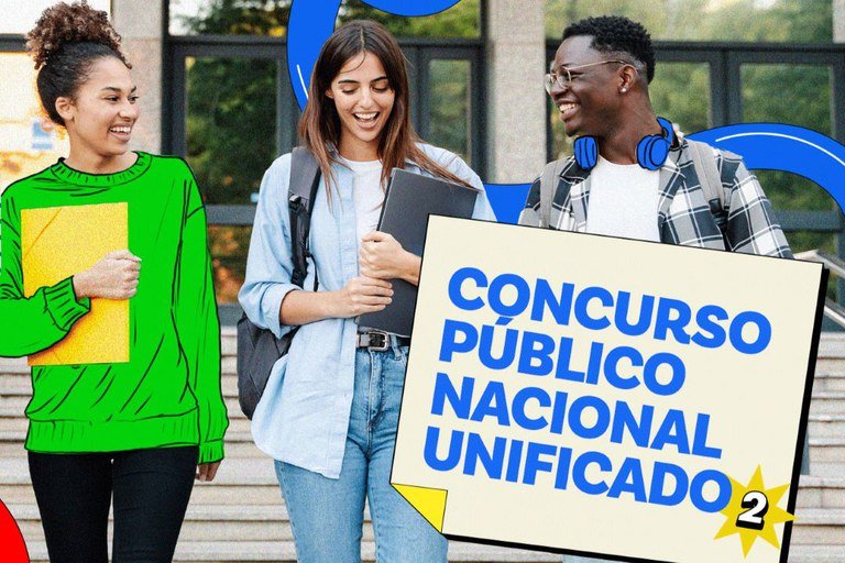 Fotografia de divulgação da segunda edição do Concurso Nacional Unificado (CNU 2025) mostra jovens com mochilas e pastas de estudo a sorrir. Aparece na imagem o logo do CNU 2025