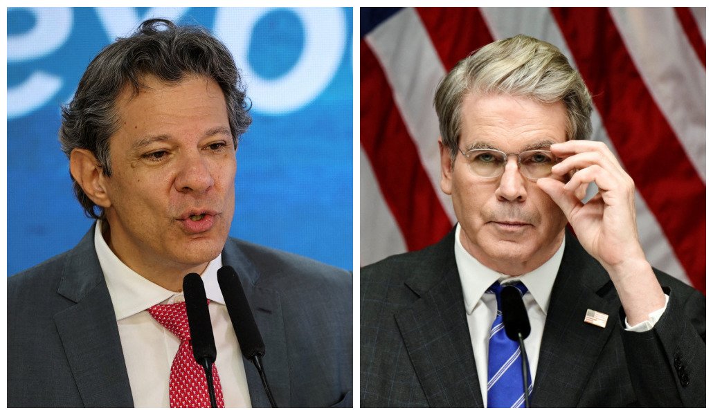 O ministro da Fazenda, Fernando Haddad, e o secretário do Tesouro dos EUA, Scott Bessent. Os dois políticos irão tratar das tarifas em encontro online