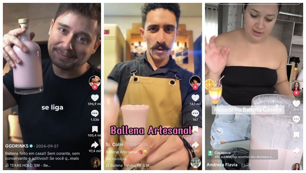 Montagem com frames de vídeos de três influenciadores diferentes. Vemos que todos seguram bebidas cor de rosa