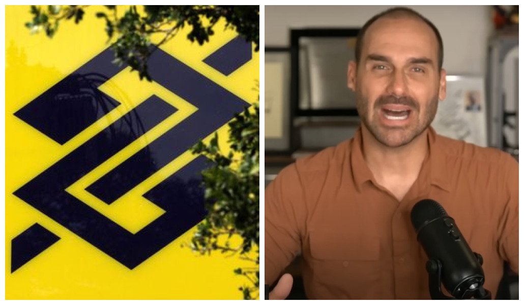 Montagem com fotos do logo do Banco do Brasil e de Eduardo Bolsonaro