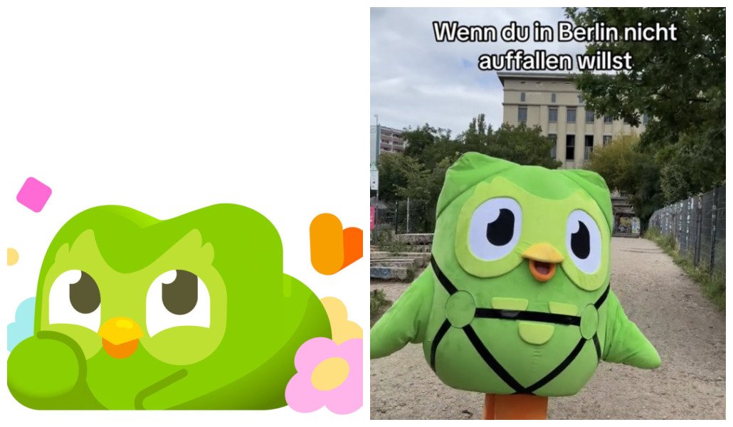 A esquerda, uma postagem do Duolingo japonês. A direita, a chegada do Duo na Alemanha