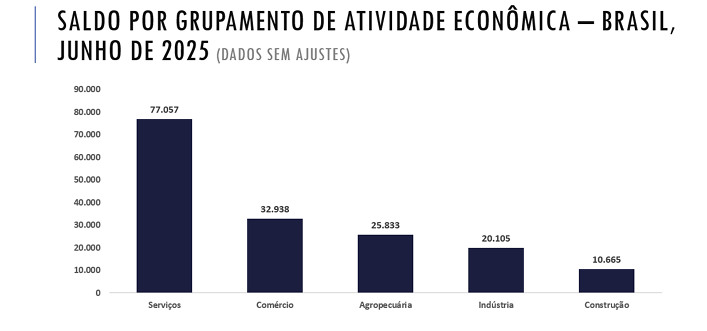 Saldo de postos de trabalho criados por atividade econômica no Brasil em junho de 2025