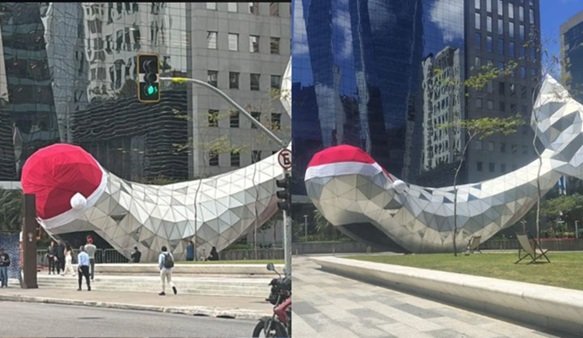 Gorro da Baleia da Faria Lima vira meme e obriga Teatro B32 a reposicionar adereço