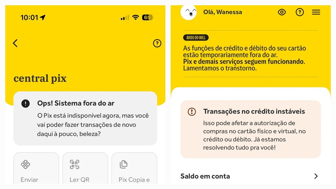 Telas de erro no aplicativo do Will Bank