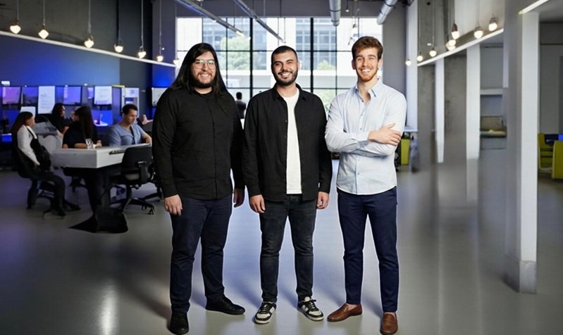 Antonio Matarazzo (à direita), CEO da IA Lunna, e cofundadores Bruno Contreras (à esquerda) e Matheus Marques (no centro)