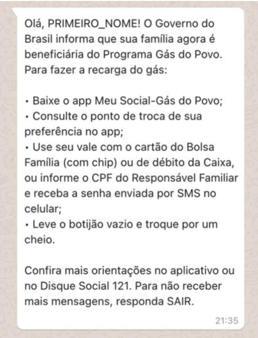 Reprodução de modelo de mensagem enviada pelo governo
