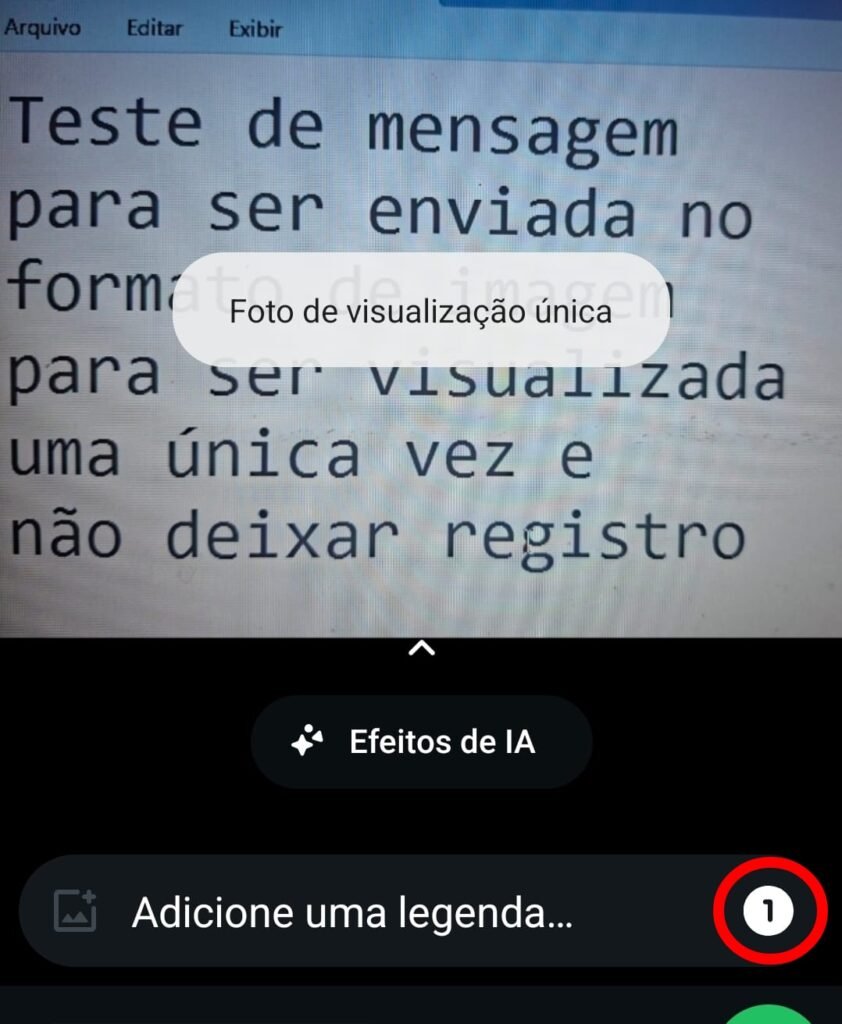 Print mostra texto escrito em bloco de notas para ser enviado por visualização única do WhatsApp