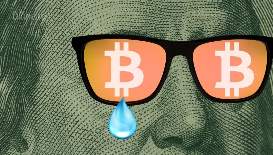 Ilustração do rosto de Benjamin Franklin em uma nota de dólar americano usando óculos escuros. Nas lentes dos óculos está refletido o símbolo do Bitcoin em laranja e branco, com uma lágrima azul caindo do canto da lente esquerda, simbolizando a queda e a tristeza no mercado cripto.