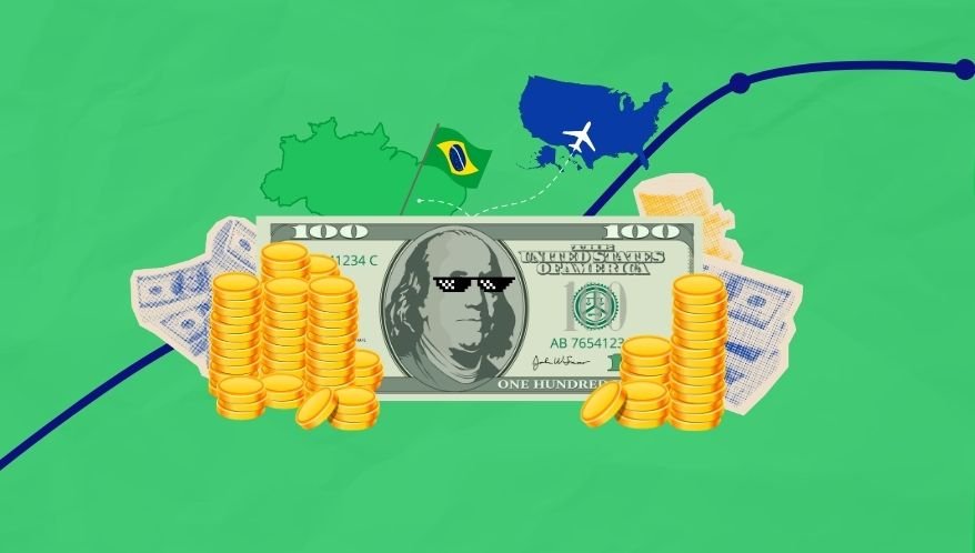 Renda fixa Ilustração gráfica sobre fundo verde exibindo uma nota de 100 dólares usando óculos escuros pixelados e cercada por pilhas de moedas de ouro. Ao fundo, uma linha azul de gráfico em tendência de alta e o mapa do Brasil conectado ao mapa dos Estados Unidos por uma rota pontilhada com um avião.