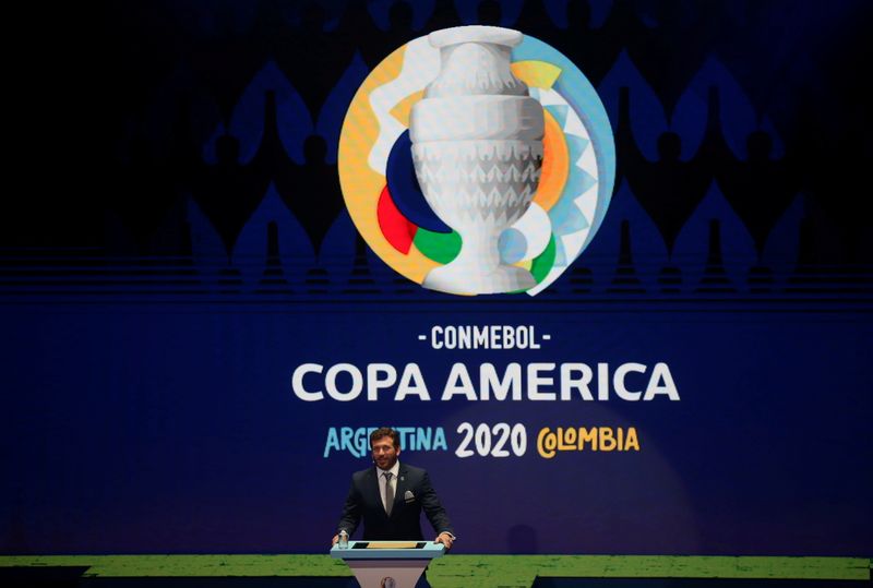 Presidente da Conmebol, Alejandro Dominguez, com logotipo da Copa América so fundo. 3/12/2019